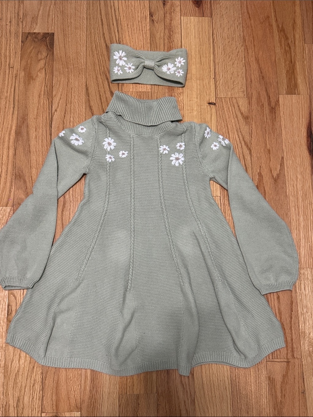 Girls Sage Green Knit Dress with Floral Embroidery and Matching Headband